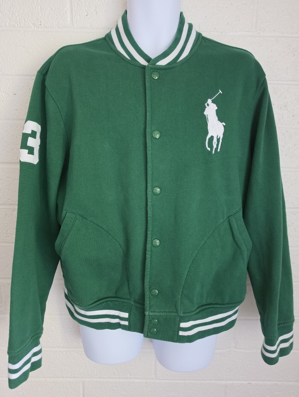 Polo Ralph Lauren Green Fleece Baseball Jacket Big Pony Mens L